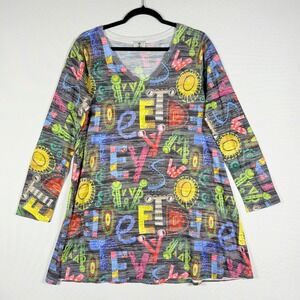 Inoah‎ Graphic Print V Neck Long Sleeve Tunic Medium Whimsical Bold Color Artsy